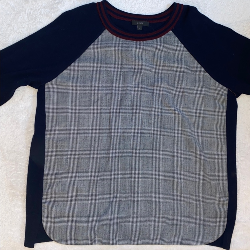 J Crew Glen Plaid front panel navy merino contrast collar cuffs sweater Sz L